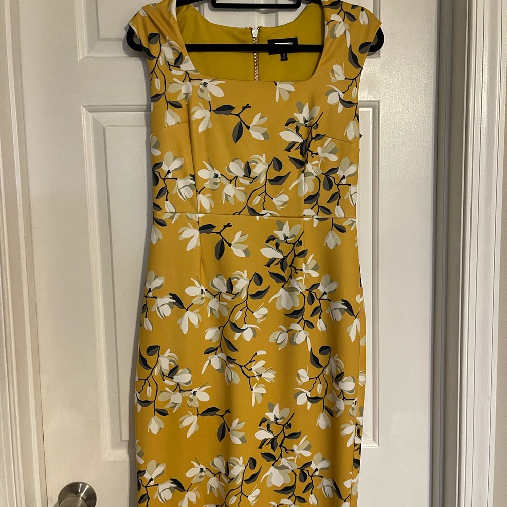 Yellow Sheath Midi Dress with Flutter Cap Sleeves